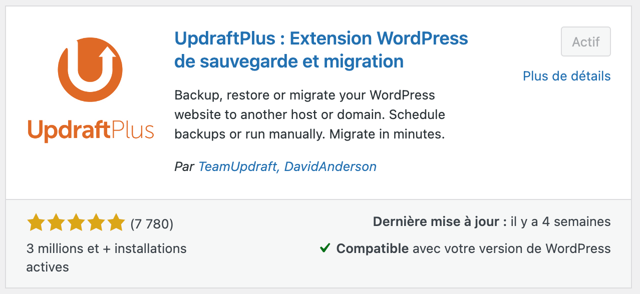 Extension WordPress Sauvegarde - Updraftplus